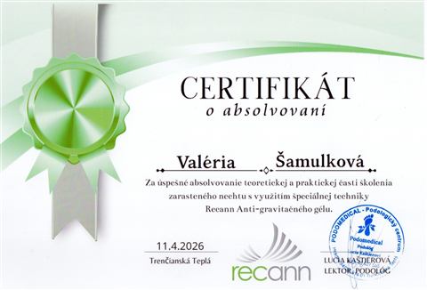 Certifikát — Recann Anti-gravitačný gél (Podomedical)