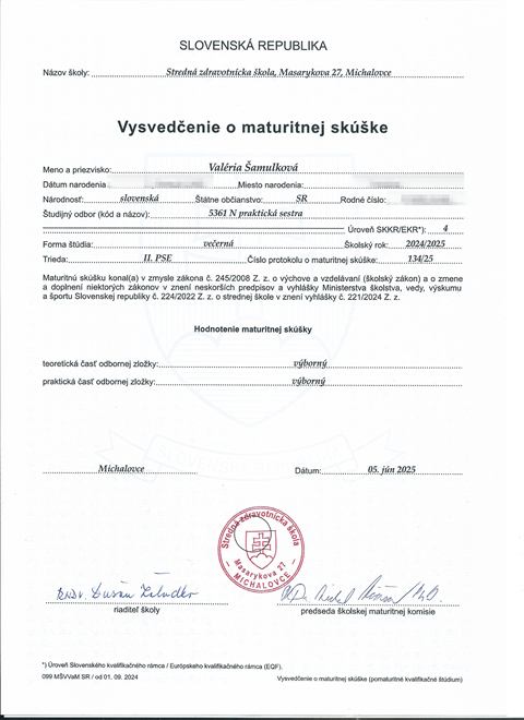 Vysvedčenie o maturitnej skúške — praktická sestra